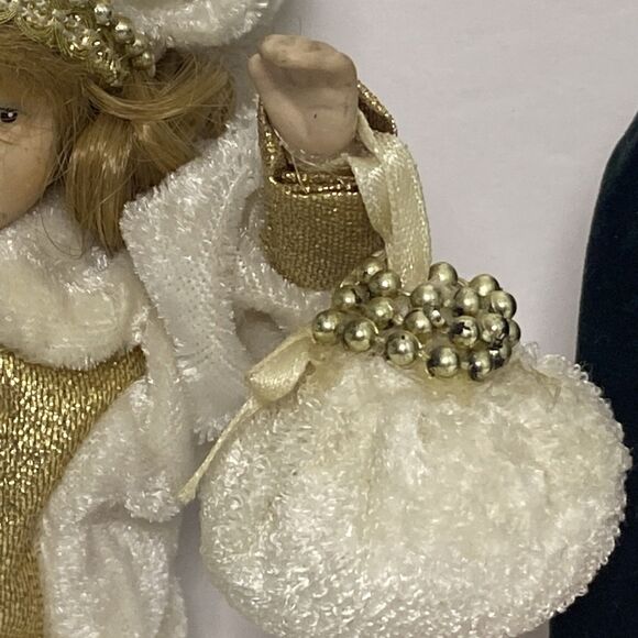 Vintage Porcelain Christmas Boy Doll in Velvet Outfit Girl Doll Handbag Gold - Picture 15 of 16